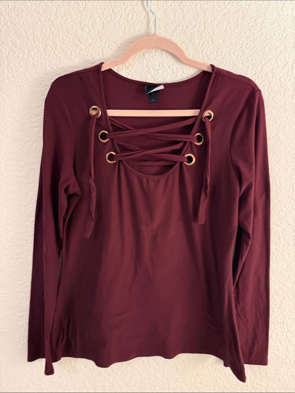 Daytrip Lace-Up Long Sleeve Top in Burgundy